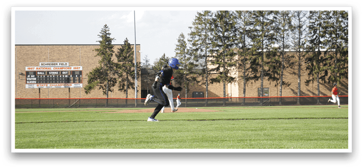 A baseball player wearing a blue helmet is running towards home plate. AI generated content