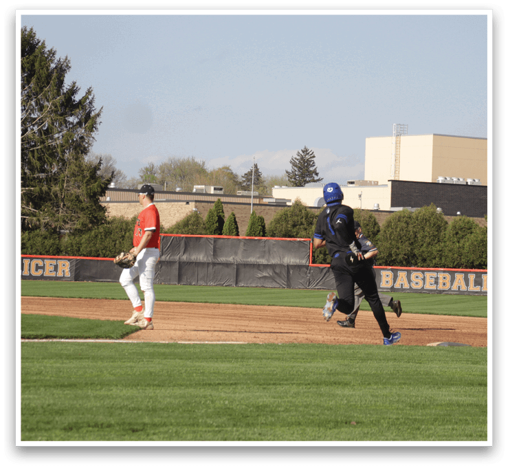 A baseball player is running towards a base while another player is standing in the outfield. AI generated content