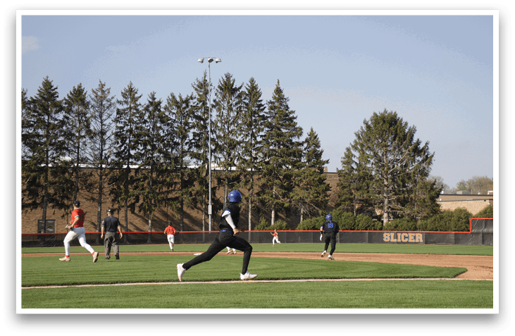 A baseball player is running on the field, wearing a blue helmet. AI generated content