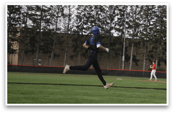 A baseball player wearing a blue helmet is running on the field. AI generated content
