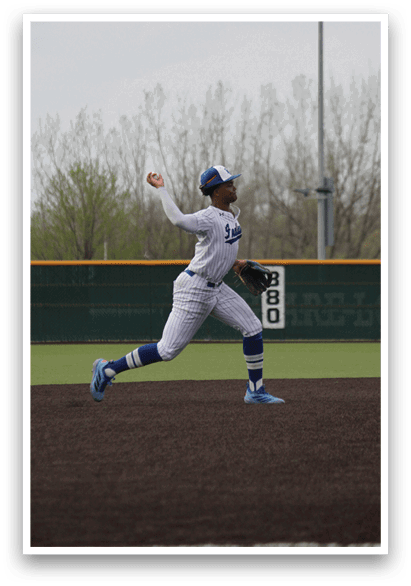 A baseball player is running on the field, wearing a blue and white uniform. AI generated content