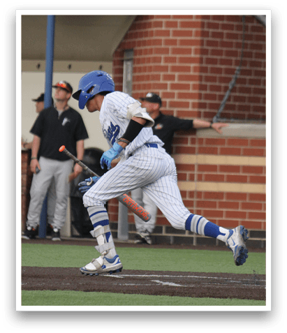 A baseball player in a blue and white uniform is swinging a bat on a field. AI generated content