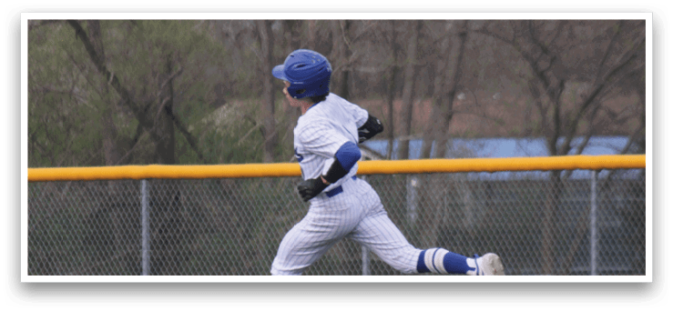 A baseball player is running towards a base, wearing a blue helmet and white uniform. AI generated content