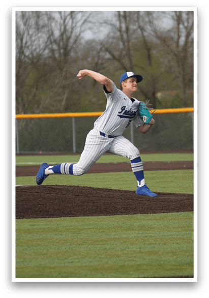 A baseball player in a white and blue uniform is throwing a ball. AI generated content