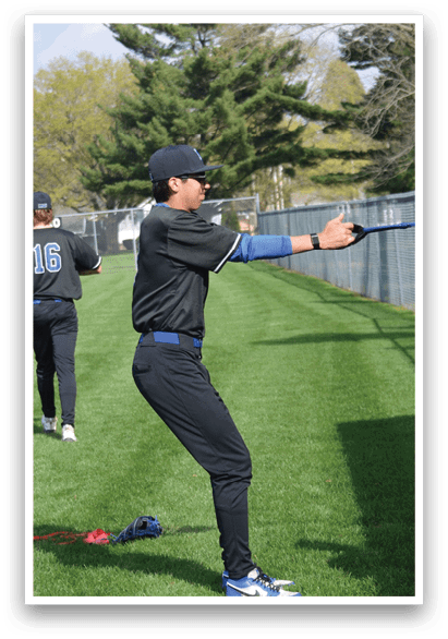 A group of people are playing baseball on a field. One man is holding a bat and pointing it towards another man who is holding a baseball glove. AI generated content
