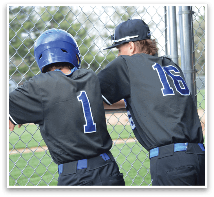Three baseball players wearing black shirts and blue numbers 16, 11, and 18 are leaning on a fence. AI generated content