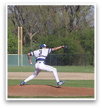 A baseball player in a white and blue uniform is pitching a ball on a field. AI generated content