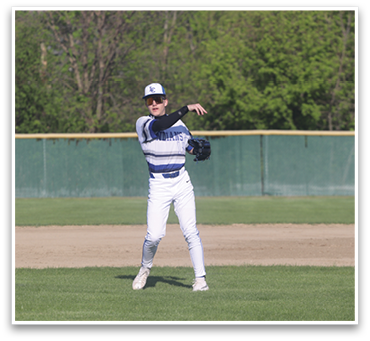A baseball player in a white and blue uniform is throwing a ball. AI generated content