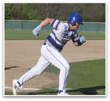 A baseball player in a blue helmet and white uniform is swinging a bat at a ball. AI generated content