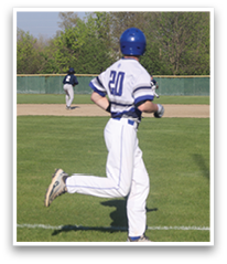 A baseball player wearing a blue helmet and white uniform is running on the field. AI generated content