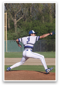A baseball player in a white and blue uniform is pitching a ball on a field. AI generated content