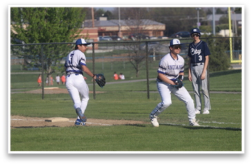 Two baseball players are standing on the field, one holding a baseball glove. A third person is watching from the sidelines. AI generated content