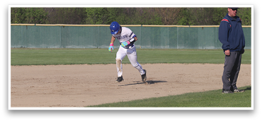 A baseball player is running on the field, wearing a blue helmet and white uniform. AI generated content