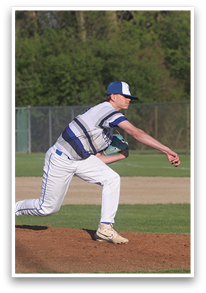 A baseball player in a white and blue uniform is pitching a ball on a field. AI generated content