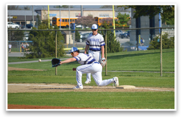 A baseball player is kneeling on the ground with his glove on, ready to catch the ball. AI generated content
