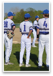 Four baseball players wearing white uniforms are standing on a field. AI generated content