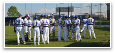A group of baseball players wearing blue and white uniforms are standing on a field. AI generated content