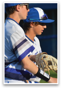 Two baseball players wearing blue and white uniforms, one holding a baseball glove. AI generated content