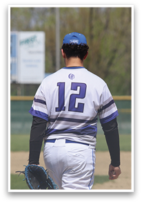 A baseball player wearing a blue cap and a white and purple jersey with the number 12 on it. AI generated content