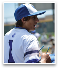 A baseball player wearing a blue and white uniform is signing autographs for fans. AI generated content