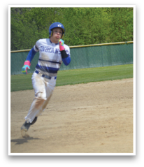 A baseball player wearing a blue and white uniform is running on the field. AI generated content