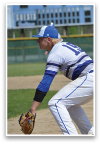 A baseball player in a white and blue uniform is crouching on the field, holding a baseball glove. AI generated content