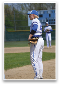 A baseball player is holding a mitt and looking at the ground. AI generated content