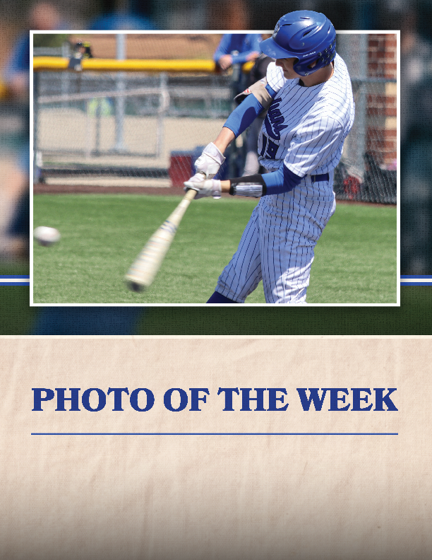 A baseball player in a blue and white uniform swings a bat at a ball. AI generated content