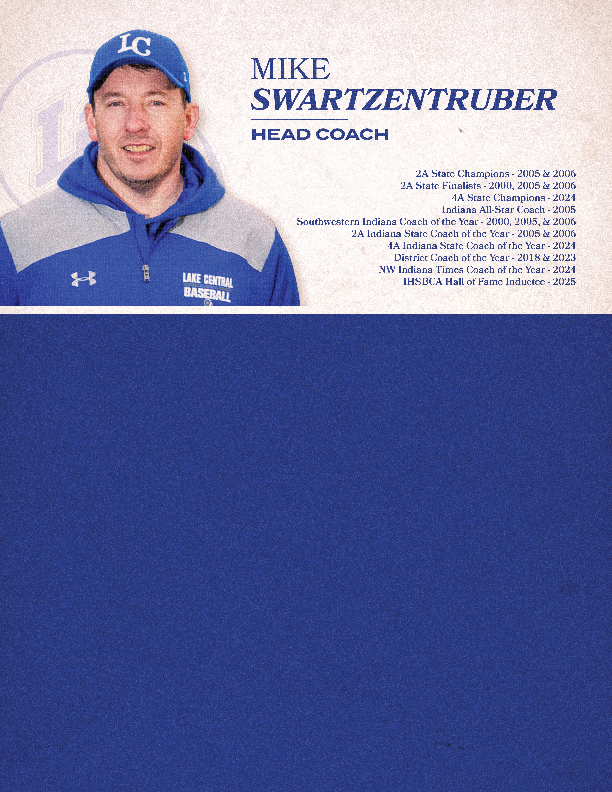A head coach named Mike Swartzentruber is shown on a blue background. AI generated content