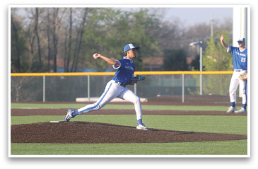 A baseball player in a blue uniform is pitching a ball on a field. AI generated content