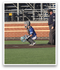 A baseball player is kneeling in front of a catcher, ready to catch a ball. The catcher is wearing a baseball glove. The umpire is standing behind the catcher, watching the play. AI generated content