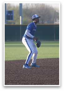 A baseball player in a blue and white uniform is standing on a baseball field, holding a baseball glove. AI generated content
