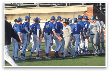 A group of baseball players wearing blue and white uniforms are walking off the field. AI generated content