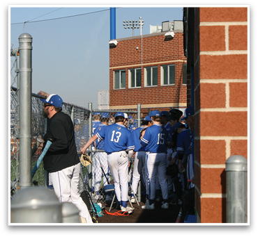Baseball players are standing in a line, wearing blue and white uniforms. AI generated content