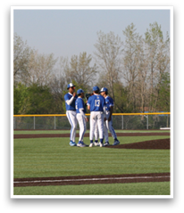 Three baseball players on a field, one of them wearing a blue shirt. AI generated content