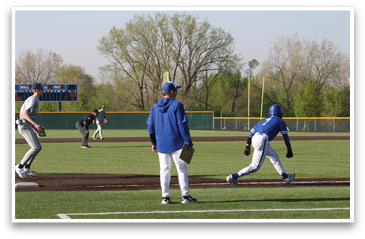 A group of baseball players on a field, one of them wearing a blue jacket. AI generated content