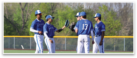 Two baseball players wearing blue and white uniforms are standing on a field. AI generated content