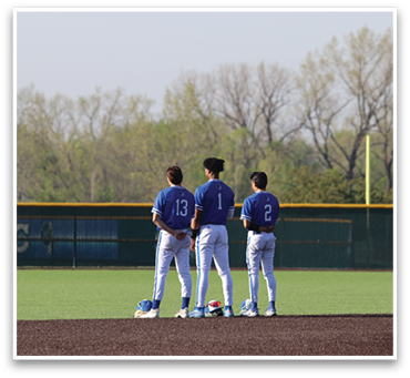 Three baseball players wearing blue and white uniforms are standing on a baseball field. AI generated content