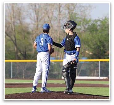 Two baseball players are standing on the field, one of them wearing a blue hat. AI generated content