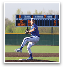 A baseball player in a blue uniform is pitching a ball on a field. AI generated content