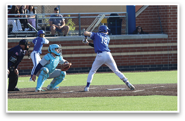 A baseball player in a blue shirt and white pants is swinging a bat at a ball. AI generated content