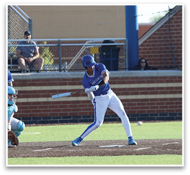 A baseball player in a blue uniform is swinging a bat at a ball. AI generated content