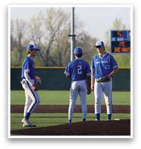 Three baseball players wearing blue uniforms are standing on a field. AI generated content