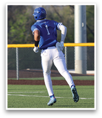 A baseball player wearing a blue and white uniform is running on the field. AI generated content
