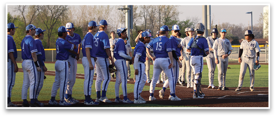 Baseball players in blue and white uniforms are standing on a field. AI generated content