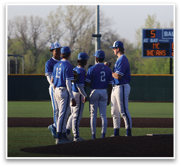 Baseball players wearing blue and white uniforms are standing on the field. AI generated content
