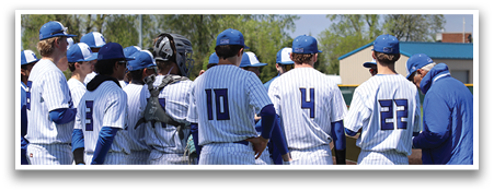A group of baseball players wearing blue and white uniforms are standing on a field. AI generated content