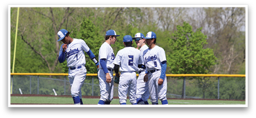 Baseball players wearing blue and white uniforms standing on a field. AI generated content