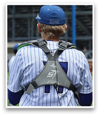 A baseball player wearing a blue hat and a grey backpack. AI generated content