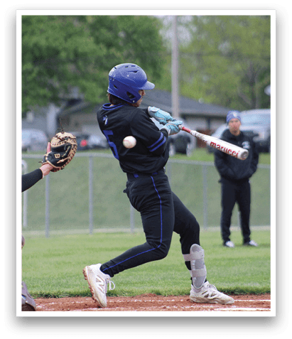 A baseball player is swinging a bat at a ball. Description generated by AI